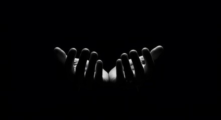 AI image highlighting two cupped hands emerging from darkness, illuminated softly, representing receiving, holding gently, prayer, or offering carefully.