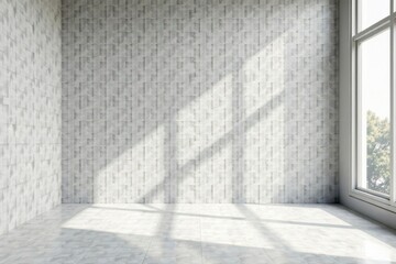 Obraz premium Sunlit Empty Room with Textured Walls and Large Window Featuring Bright Light and Shadows