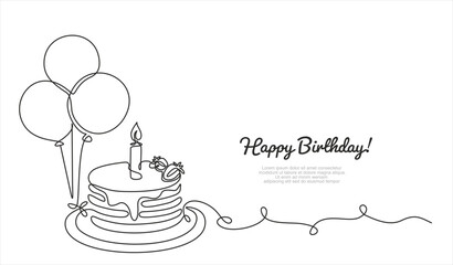 Birthday cake in continuous line art drawing style. Traditional birthday cake with candle on the top minimalist black linear sketch isolated on white background. Editable stroke.
