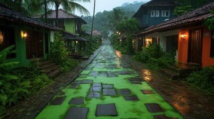 Fototapeta premium Tropical houses line a mossy stone street, trees & hills in background, overcast weather