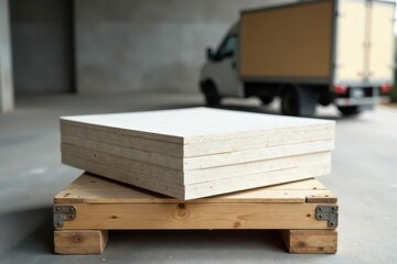 Stack of smooth, light-colored wood panels resting on a simple wooden pallet, with a delivery truck softly blurred in the background.