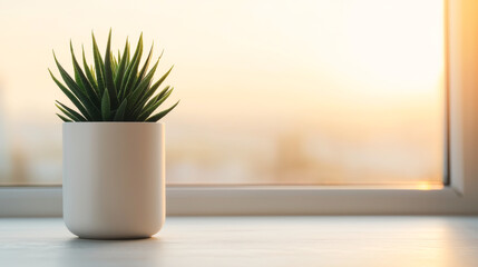 A vibrant plant in a white pot, basking in the warm glow of sunset by the window.