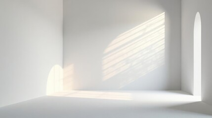 Serene Minimalist Room Interior with Sunlight Streaming Through Windows and Architectural Details