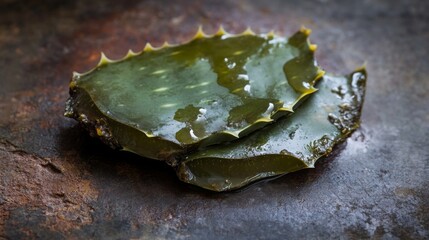 Obraz premium Close Up of Fresh Aloe Vera Leaf Slices on Dark Surface
