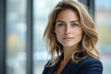 Fototapeta premium A captivating portrait of a woman with blonde, wavy hair and subtle makeup, exuding confidence and elegance.