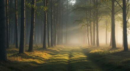Obraz premium Misty forest path at dawn