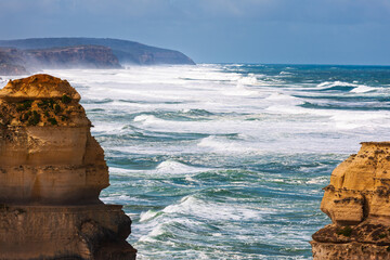 Wild seascape at The Twelve Apostles, Victoria, Australia. A windy spring morning churning up the seas.