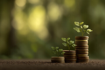 Stacks of coins with growing plants on top, set against a blurred green background, showcasing financial growth and investment concept