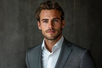 A handsome man with styled hair, wearing a grey suit and white shirt, against a dark grey background.