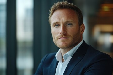 Fototapeta premium Portrait of a confident businessman, dressed in a navy suit, serious expression, indoor setting.