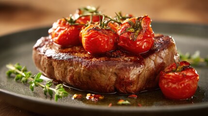 Juicy grilled beef steak with roasted tomato garnish, a savory feast for the senses