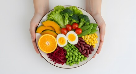 AI image displaying hands holding a plate with a colorful, balanced healthy salad including egg, orange, beans, corn, and vegetables.