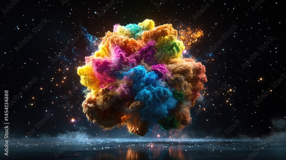 Poster A vibrant explosion of cosmic colors creating a mystical nebula floating in a star-studded universe
