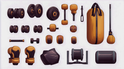 gym weights and training fitness equipment, athletic active workout body building, bumbbells, treadmill and boxing gloves, punch bag set icons Isolated on White Background