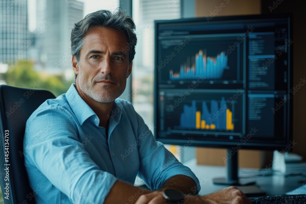Poster confident businessman working at his desk, analyzing data on multiple monitors.