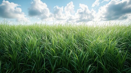 Obraz premium Green field of tall grass under a bright blue sky with fluffy white clouds