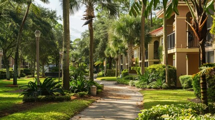 Fototapeta premium Trees and landscaping outside residential complex