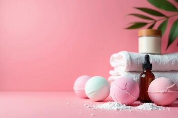 Pink background, spa supplies; bath bombs, candles, essential oils, towels, salts, texture, relaxation, soothing