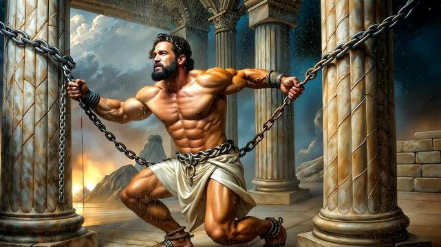 The heroic biblical figure with superhuman strength freeing God's people from Philistines 4K