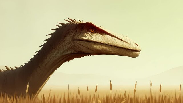 Dinosaur walking across sunlit grassy field