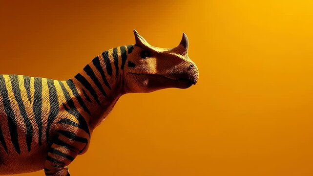Zebra-striped dinosaur on bright orange background
