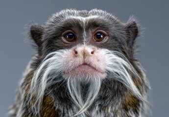 Close-up portrait of a mustached tamarin monkey with striking white facial hair.
