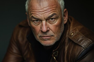 Obraz premium Close-up portrait of a serious, older man with graying hair wearing a brown leather jacket.