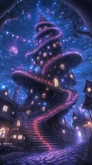 Obraz premium Whimsical, spiraling tower is lit up with warm, pink lights in a fantasy village under a starry night
