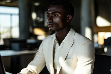 Obraz premium A young Black man in a cream suit sits thoughtfully in a modern office, lost in contemplation.