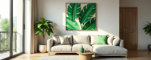 Stylish apartment, green leaves artwork, elephant figurine, empty space, frame, art, light