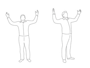 Man Raising Arms into the Air in Prayer Line Art. People and activities concept vector