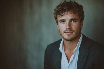 A young man with wavy brown hair, wearing a dark suit and light shirt, gazes intently at the camera.