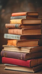 Una pila de libros antiguos, con portadas de cuero desgastadas, se apila sobre una superficie de madera oscura, creando una atm&oacute;sfera nost&aacute;lgica y literaria.