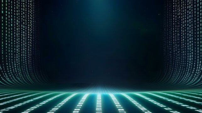 The image contains a dark blue background with glowing teal binary code cascading down from the top and into the bottom, creating a futuristic and technological feel.