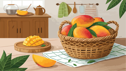 Mango Illustration vector design, Mango in basket with mango slice in kitchen vector design