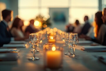 Elegantly set table with wine glasses and candles, blurred background of people enjoying a dinner.