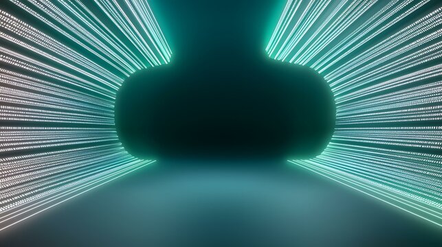 A teal-toned abstract image features glowing lines of binary code curving to form a circular frame around a dark central void.