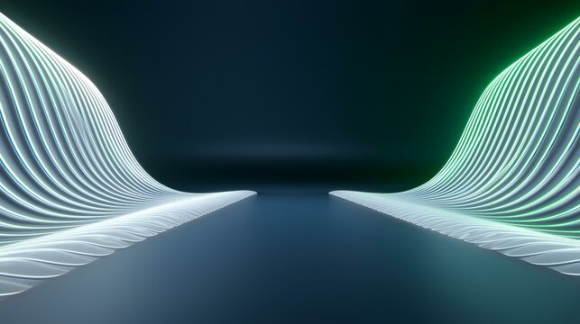 The image shows two wavy, white, parallel lined structures emanating from opposite sides of the frame, converging towards the center.  They are illuminated with soft, cool-toned light, creating a fut