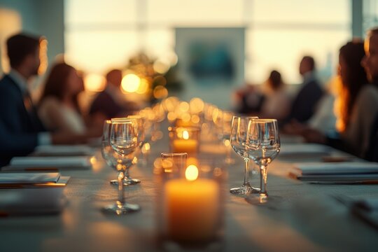 Elegantly set table with wine glasses and candles, blurred background of people enjoying a dinner.