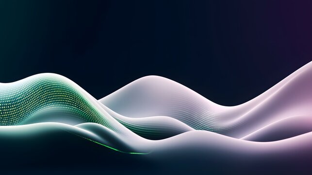The image contains abstract flowing waves of light purplish-white, overlaid with a pattern of binary code in a teal-green hue.