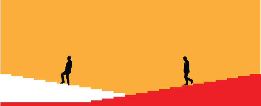 Silhouettes of Two Business People Going Up and Down on Stairs. Making a career and achieving goals vector art