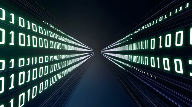 The image shows a digital tunnel composed of receding lines of binary code, glowing green on a dark background, creating a sense of depth and speed.