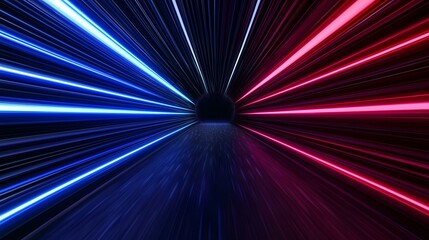 The image contains a digital rendering of a dark tunnel with bright blue and red neon light streaks emanating from a central vanishing point, creating a sense of speed and movement.