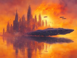 Obraz premium Futuristic city reflected on a fiery sunset. A massive spaceship floats above a city