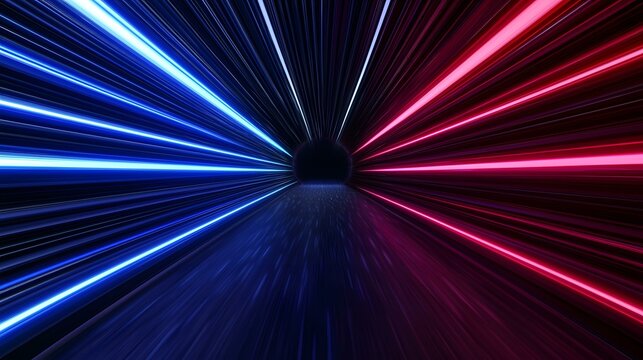 The image contains a digital rendering of a dark tunnel with bright blue and red neon light streaks emanating from a central vanishing point, creating a sense of speed and movement.