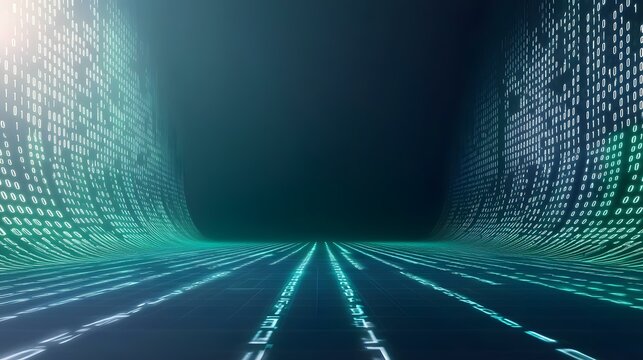A digital landscape of flowing binary code creates a futuristic, abstract scene.
