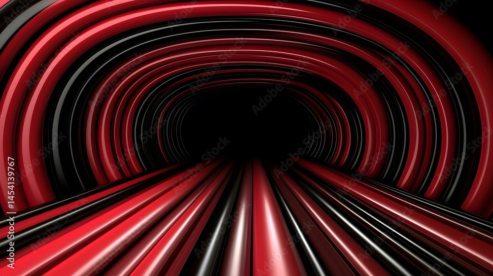 Wall mural a black and red abstract tunnel, composed of concentric circles and converging lines, creates a hypn