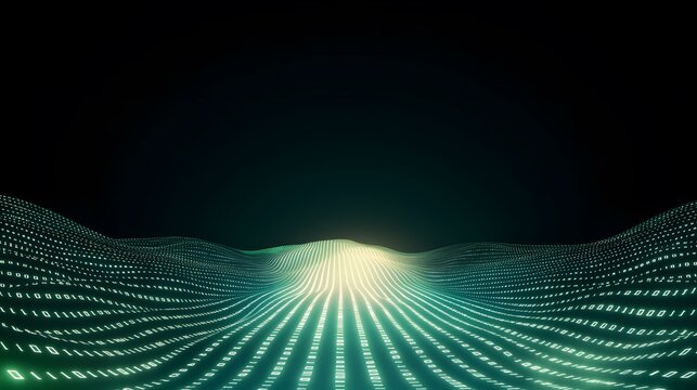 A dark background features a luminous, undulating landscape of binary code, glowing green and converging towards a bright center.
