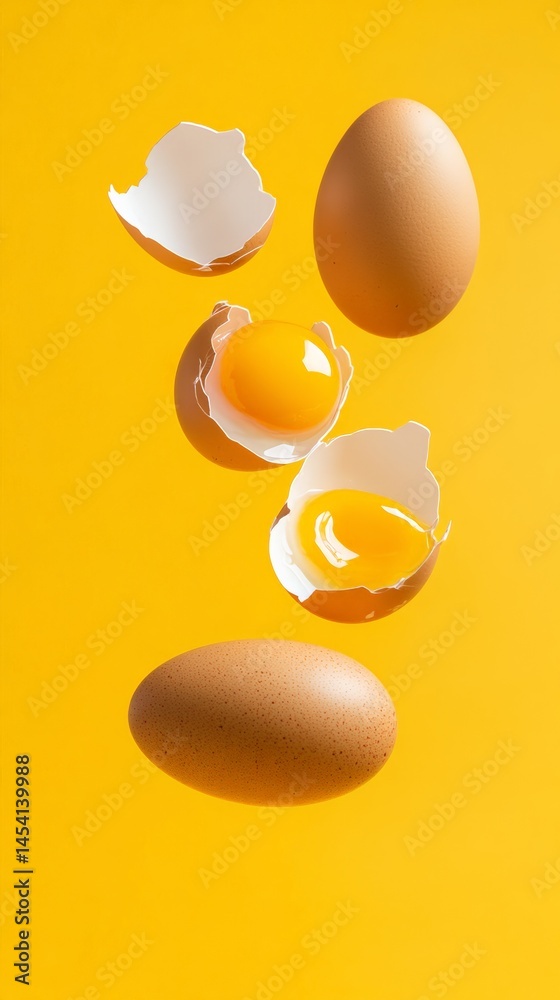 Poster Two whole brown eggs and two broken eggs with visible yolks are levitating against a vibrant yellow backdrop, creating a visually striking image with a focus on contrasting colors and textures