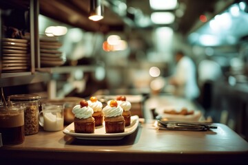 Pasteles en un plato en una cocina con luz tenue y un ambiente cálido.